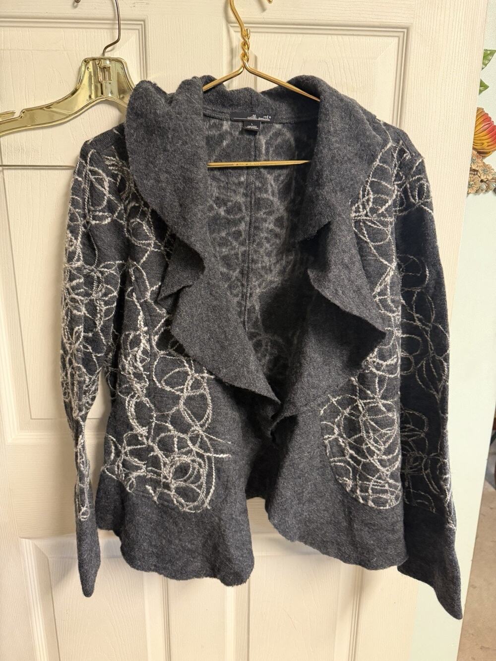 Willi Smith Wool Sweater Cardigan Open Gray Swirl Geometric Large 42w 25L Ruffle